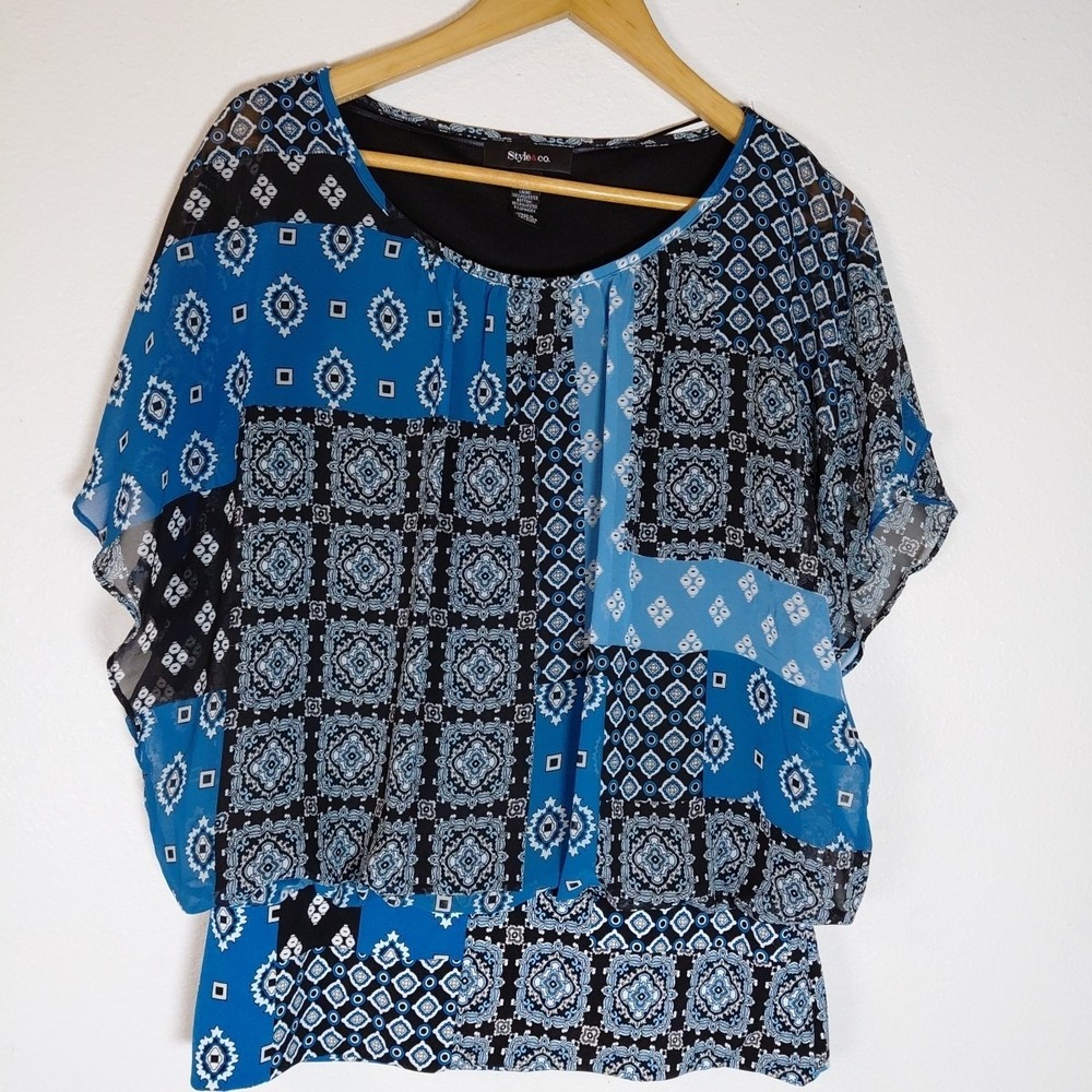 Style & Co Chiffon Boho Dolman Flutter Sleeve Blouse Top M Stretch Band Hem